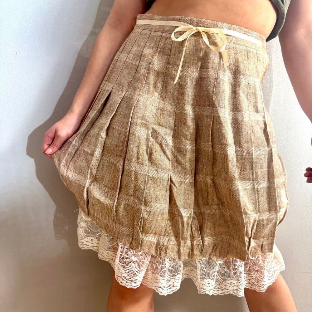 Lolita Kawai Vintage Tan & Cream Pleated Plaid Button Down Skirt Lace Trim
